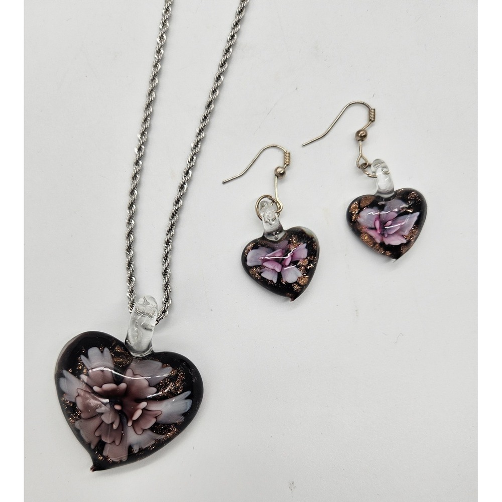 Heart Glass Pendant Necklace and Dangle Earrings Set Floral Design